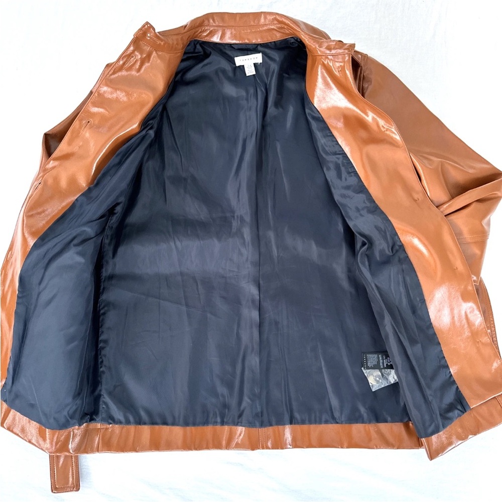 Topshop Women Casey Brown Belted Glossy High Impact Button Front Vegan Jacket - Picture 7 of 15